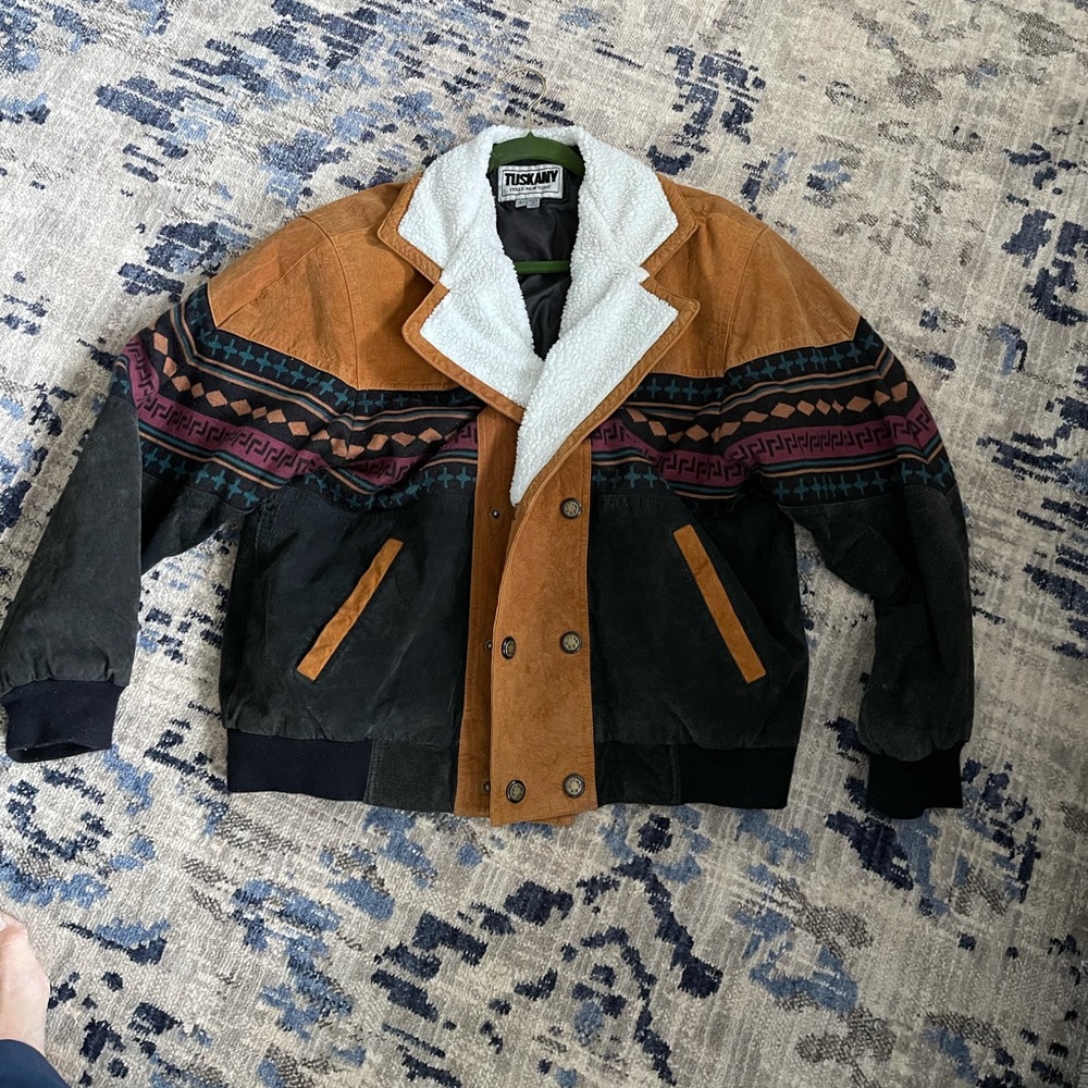 Vintage Tuscany Leather Aztec Pattern Sherpa Lined Jacket